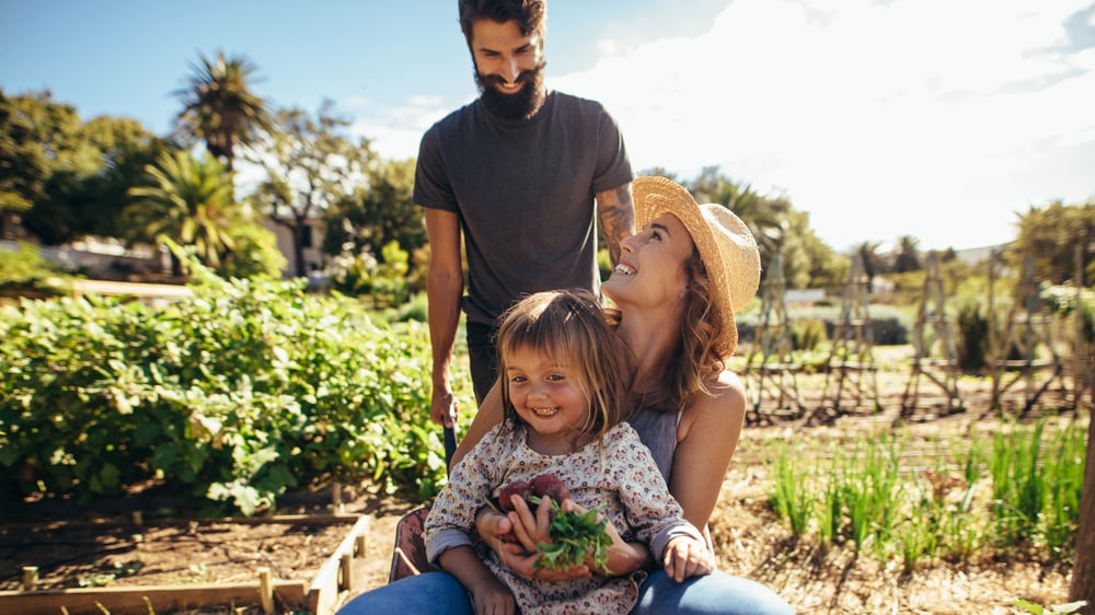 family on a sustainable farm 