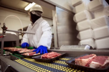 Person with PPE in meat production assembly line.